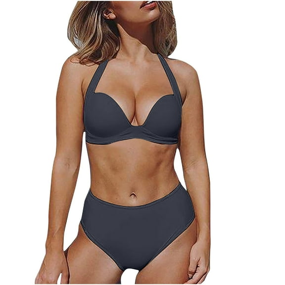 WREESH Womens Halter Bikini Set Split Solid Steel Bikini Swimsuit Two-Piece Swimsuit Beach Bathing Suit Black
