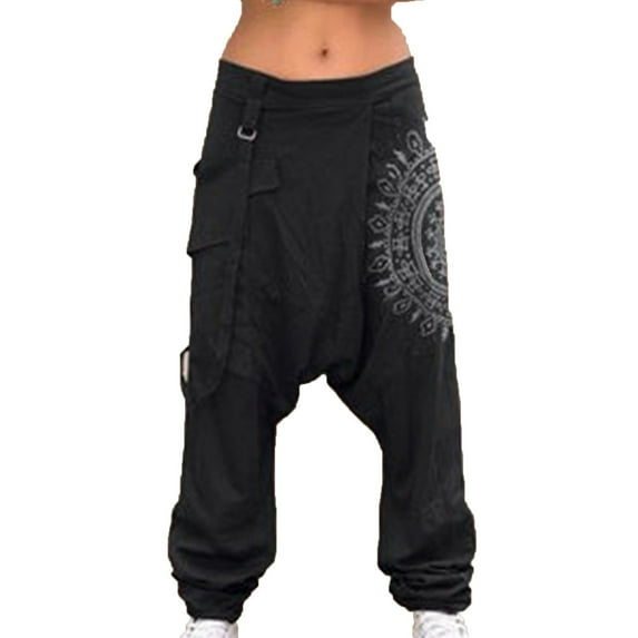 WREESH Womens Harem Loose Yoga Travel Lounge Pants with Pockets Casual Boho Fashion Printed Harlan Pants Black