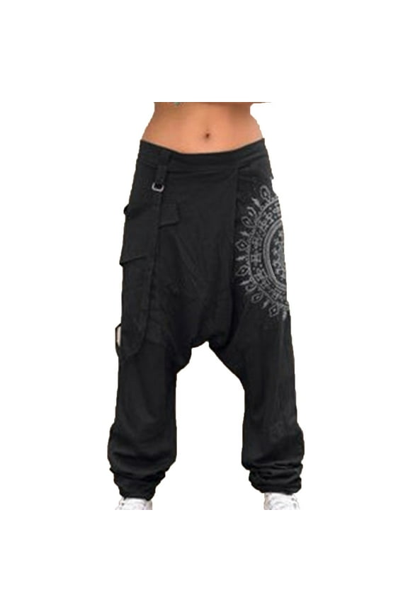 Womens Harem Loose Yoga Travel Lounge Pants with Pockets Casual Boho Fashion Printed Harlan Pants Black