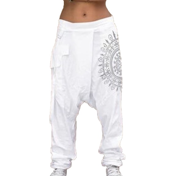 WREESH Womens Harem Loose Yoga Travel Lounge Pants with Pockets Casual Boho Fashion Printed Harlan Pants White