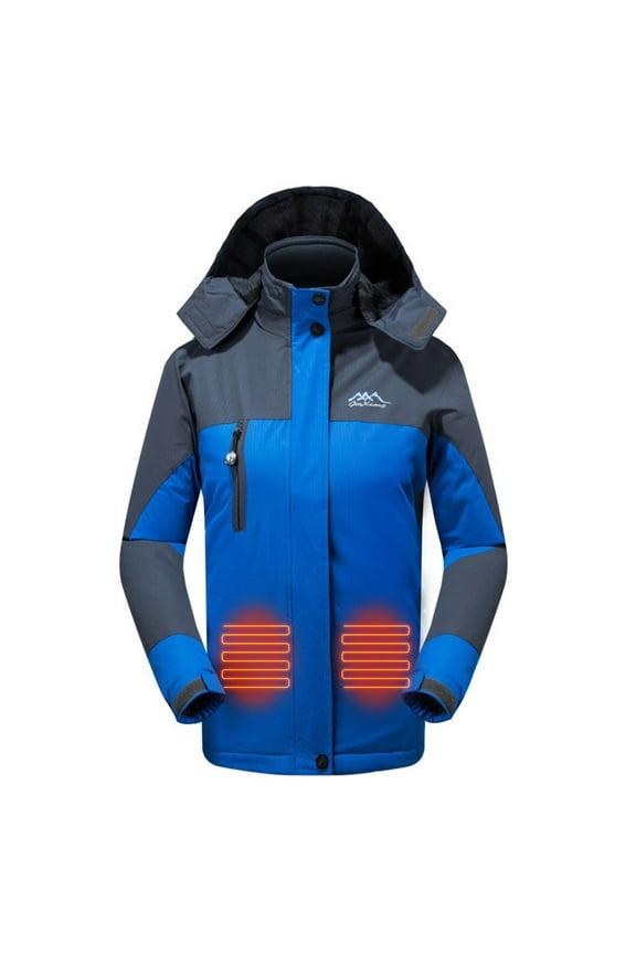 Womens Heated Jacket Color Block Hooded Technical Jacket Electric Jackets Winter Warm Padded Coats ,3 Heating Zone (Not Contain Battery) Blue