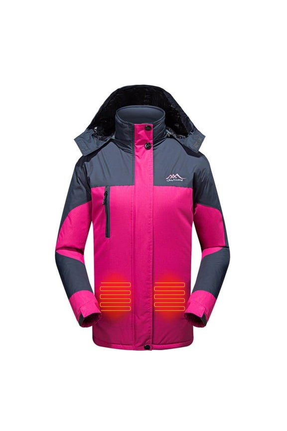Womens Heated Jacket Color Block Hooded Technical Jacket Electric Jackets Winter Warm Padded Coats ,3 Heating Zone (Not Contain Battery) Hot Pink