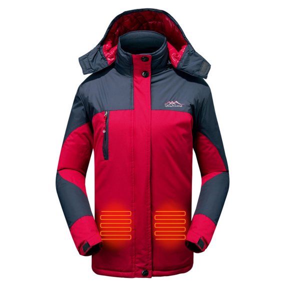 WREESH Womens Heated Jacket Color Block Hooded Technical Jacket Electric Jackets Winter Warm Padded Coats ,3 Heating Zone (Not Contain Battery) Red