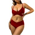 thumbnail image 1 of WREESH Womens High Cut Bikini Criss Cross Bathing Suit Solid Color Swimwear Two-Piece Slim Swimsuit Bikini Straped Swimsuits Red, 1 of 6