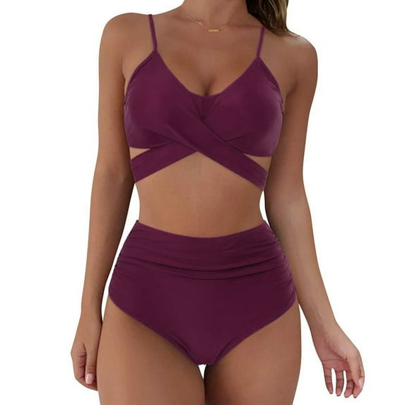 WREESH Womens High Waisted Bikini Criss Cross Bathing Suit Two Piece Vintage Swimsuit Wrap Cutout Bikini Sets Swimwear Push Up High Waist Bikini with Bottom Purple
