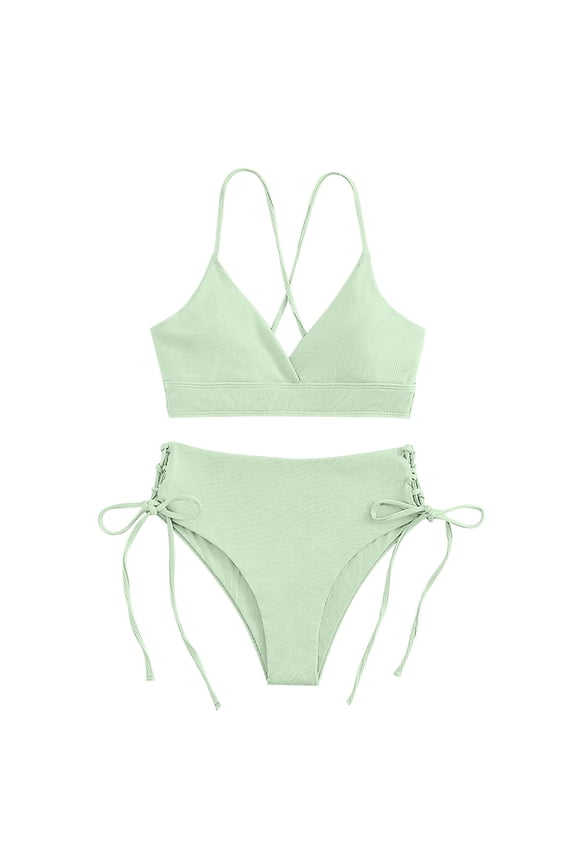 Womens High Waisted Bikini One-Piece Stripe Print Swimsuit Bikini Swimming Beachwear Beach Bathing Suit Mint Green