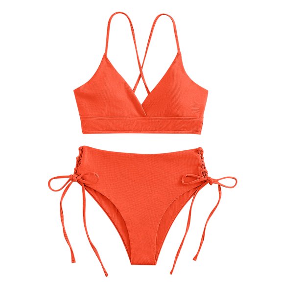 WREESH Womens High Waisted Bikini One-Piece Stripe Print Swimsuit Bikini Swimming Beachwear Beach Bathing Suit Orange