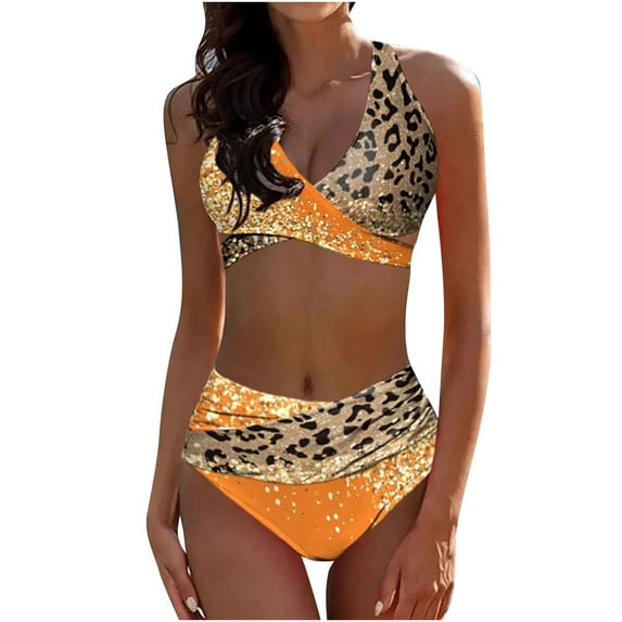 WREESH Womens High Waisted Bikini Set Leopard Split Bikini Two-Piece Print Beach Swimsuit Beachwear Bathing Suits Orange