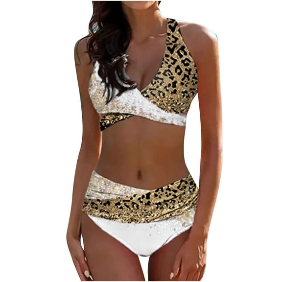 WREESH Womens High Waisted Bikini Set Leopard Split Bikini Two-Piece Print Beach Swimsuit Beachwear Bathing Suits White