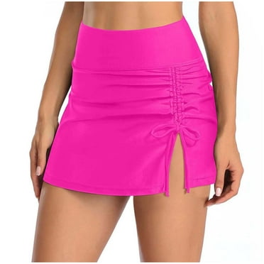 WREESH Womens High Waisted Split Swim Skirt Sporty Drawstring Skirted Swim Bottom Solid Color Single Piece Swimsuit Skirt Beach Bathing Suit Hot Pink