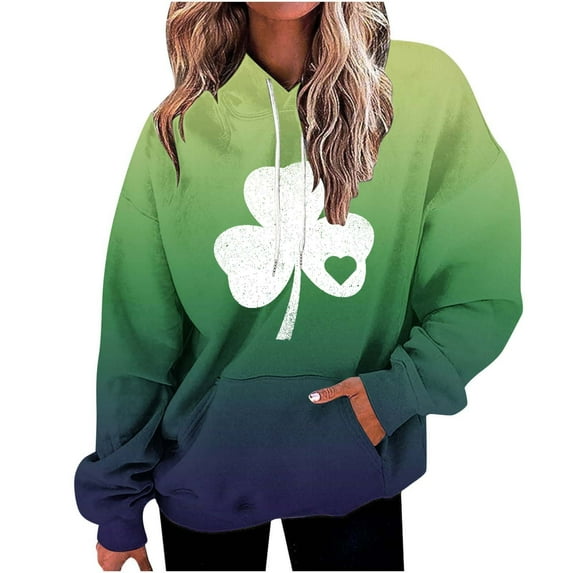 WREESH Womens Hoodies St. Patrick's Day Sweatshirt Shamrocks Printed Pullover Gradient Long Sleeve Tops Loose Hooded Sweatshirts Green