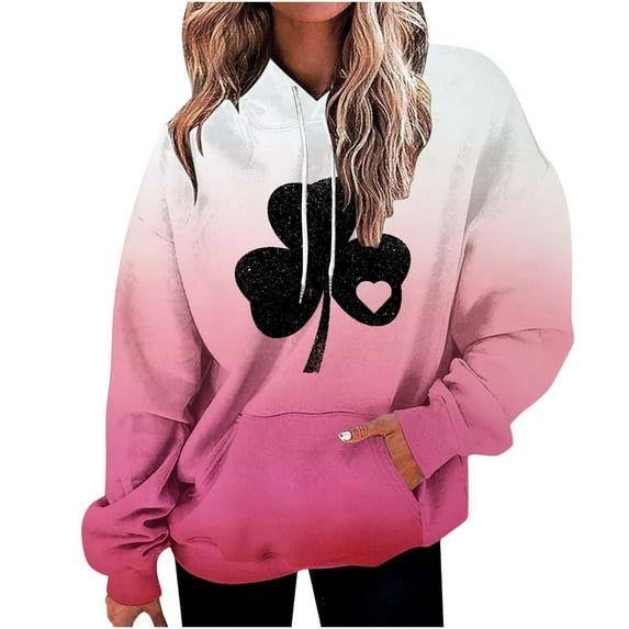 WREESH Womens Hoodies St. Patrick's Day Sweatshirt Shamrocks Printed Pullover Gradient Long Sleeve Tops Loose Hooded Sweatshirts Pink