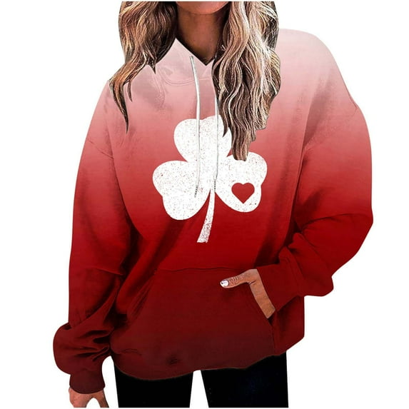 WREESH Womens Hoodies St. Patrick's Day Sweatshirt Shamrocks Printed Pullover Gradient Long Sleeve Tops Loose Hooded Sweatshirts Red