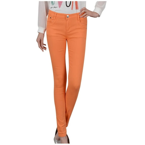 WREESH Womens Jeans Candy Pencil Pants Colorful Feet Denim Pants Orange