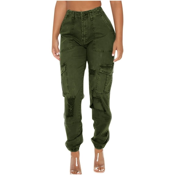 WREESH Womens Jeans Fashion Denim Button Zipper High Waist Pockets Jeans Camouflage Long Pants Olive Green