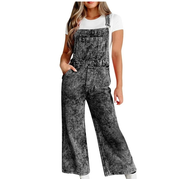 WREESH Womens Jeans Fashion Denim Button Zipper Solid High Waist Pockets Full Length Pants Overalls Gray