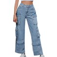 thumbnail image 1 of WREESH Womens Jeans Fashion Denim Button Zipper Solid High Waist Pockets Jeans Long Trousers Light Blue, 1 of 8
