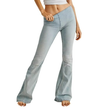 WREESH Womens Jeans Fashion Denim Button Zipper Solid High Waist Pockets Jeans Wide Leg Pants Flare Trousers Light Blue