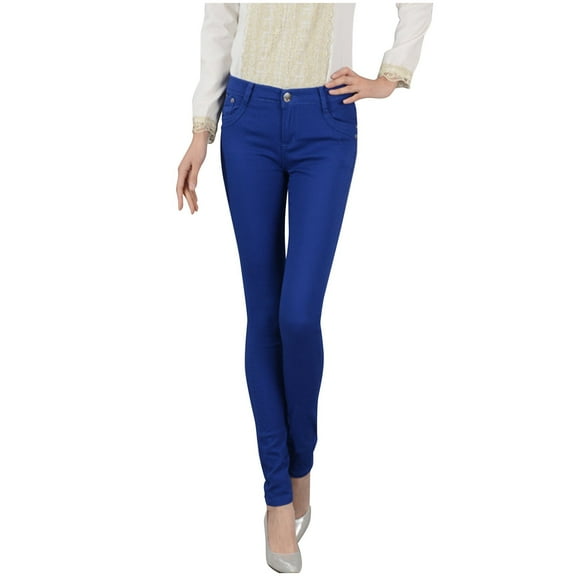 WREESH Womens Jeans Fashion Pencil Pants Solid Button Denim Slim Pants Blue