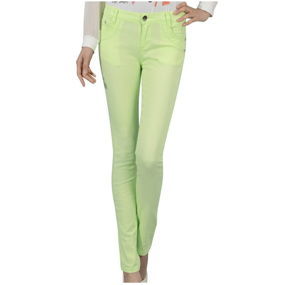 WREESH Womens Jeans Fashion Pencil Pants Solid Button Denim Slim Pants Mint Green
