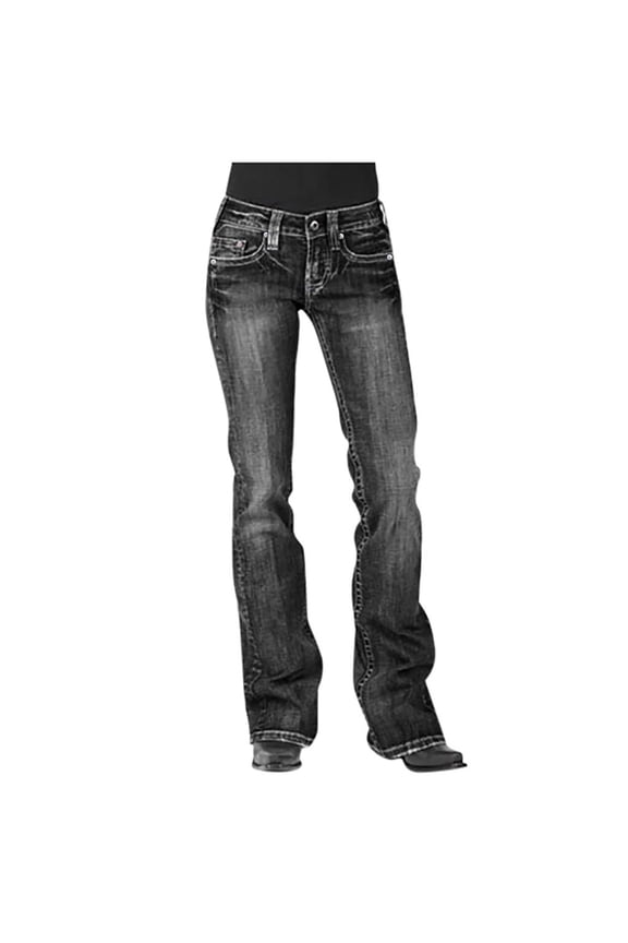 Womens Jeans Mid Waisted Embroidery Stretch Button Straight Full Length Pants Black