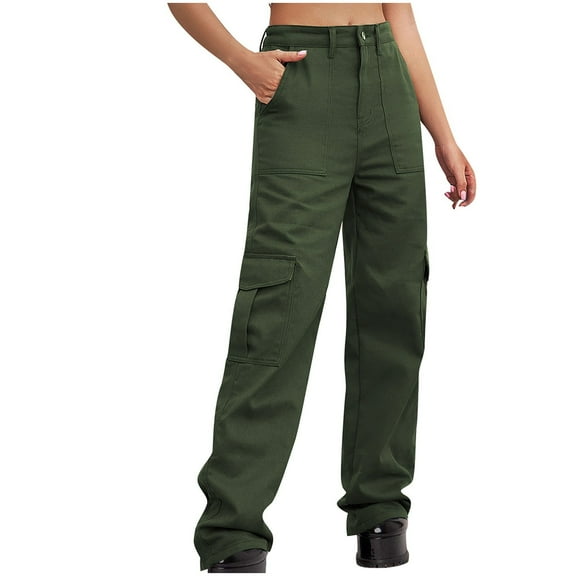 WREESH Womens Jeans Spring and Summer New Button Zipper Elastic Waist Fashion Casual Pants Olive Green
