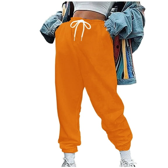 WREESH Womens Jogger Sweatpants Hippie Punk Trousers Streetwear Jogger Pocket Solid Loose Overalls Long Pants Orange
