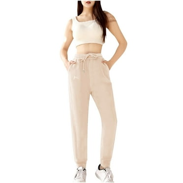 WREESH Womens Jogger Sweatpants Spring and Summer Fashion Leisure High Waisted Print Full Length Pants Beige