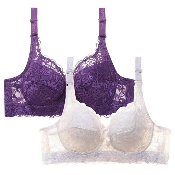 WREESH Womens Lace Bralette Push Up Soft Padded Bras Wireless Plunge Bra Adjustable Strap Comfortable Everyday Bras 2 Pack Purple