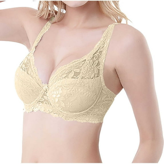 WREESH Womens Lace Bralette Soft Padded Push Up Bras Adjustable Strap Wireless Plunge Bra Comfortable Everyday Bra Underwear Beige