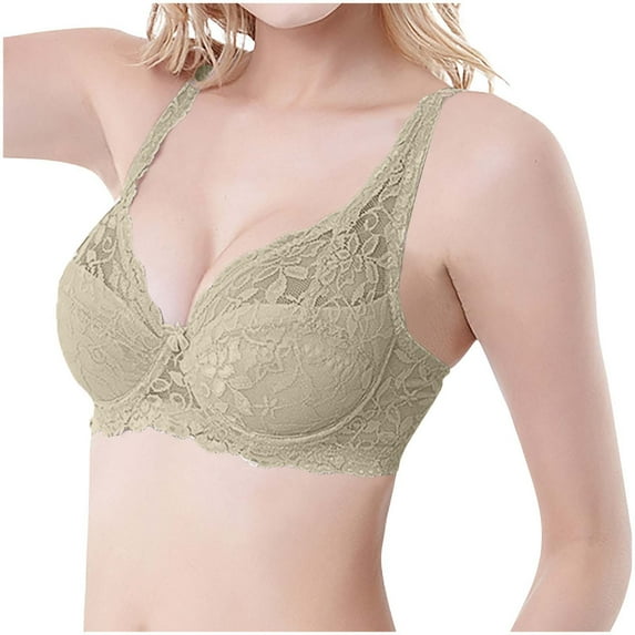WREESH Womens Lace Bralette Soft Padded Push Up Bras Adjustable Strap Wireless Plunge Bra Comfortable Everyday Bra Underwear Khaki