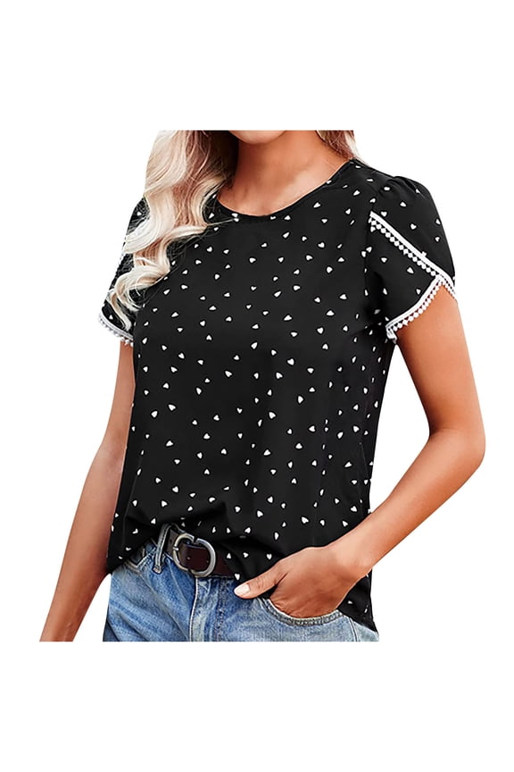 Womens Lace Crochet Short Sleeve Blouses Heart Printed Blouses Casual Crew Neck Pullover Loose Tunic Tops Black