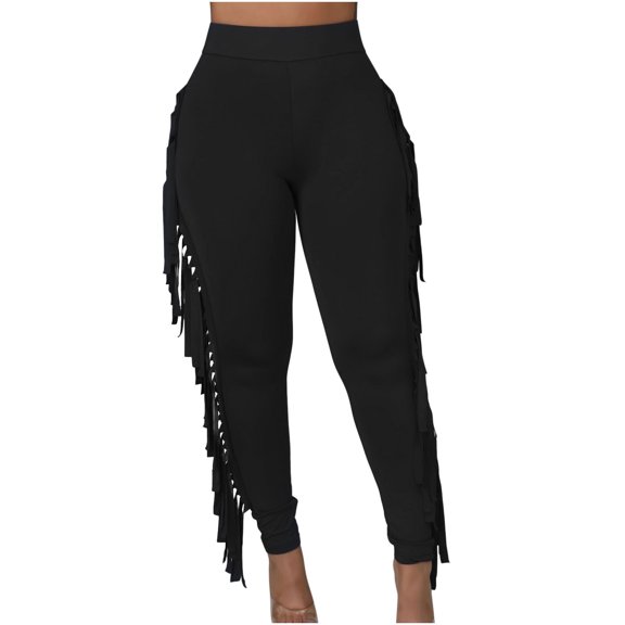 WREESH Womens Leggings Tight Solid Color Fringed Bandage Trousers Black