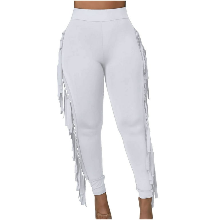 WREESH Womens Leggings Tight Solid Color Fringed Bandage Trousers