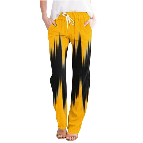 WREESH Womens Linen Pants Fashion Casual Straight Wide Leg Trousers Pants Elastic Waist Drawstring Pants Loose Printing Pants Black