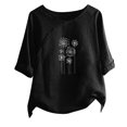 thumbnail image 1 of WREESH Womens Linen Shirts Loose Fashion Printed T-Shirt Short Sleeves Blouse Round Neck Casual Tops Black, 1 of 5