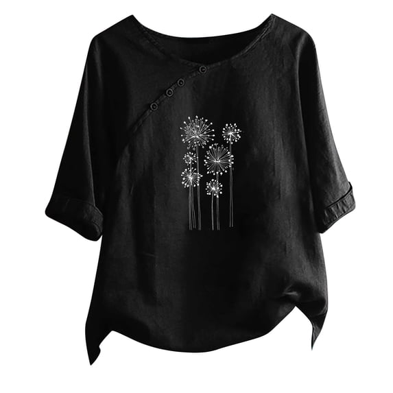 WREESH Womens Linen Shirts Loose Fashion Printed T-Shirt Short Sleeves Blouse Round Neck Casual Tops Black
