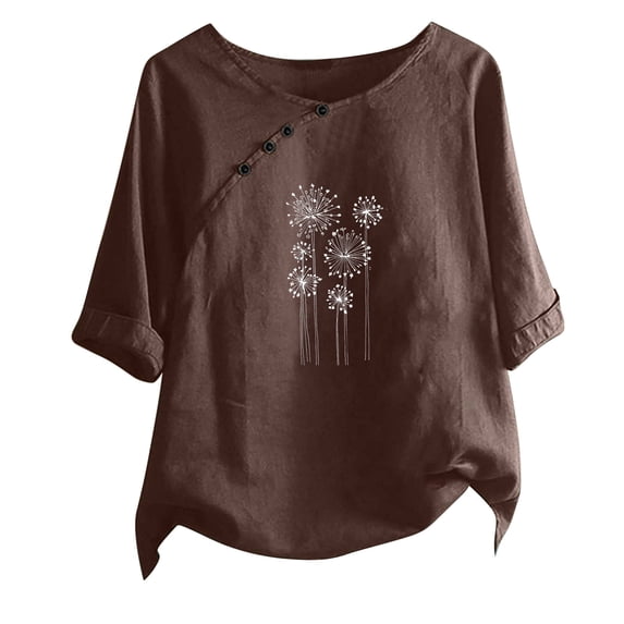 WREESH Womens Linen Shirts Loose Fashion Printed T-Shirt Short Sleeves Blouse Round Neck Casual Tops Brown