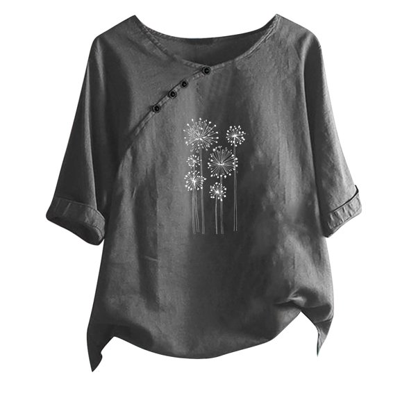 WREESH Womens Linen Shirts Loose Fashion Printed T-Shirt Short Sleeves Blouse Round Neck Casual Tops Gray