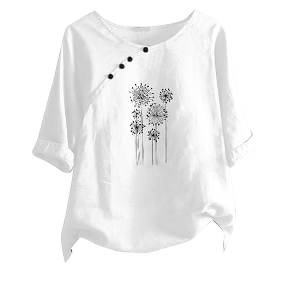 WREESH Womens Linen Shirts Loose Fashion Printed T-Shirt Short Sleeves Blouse Round Neck Casual Tops White
