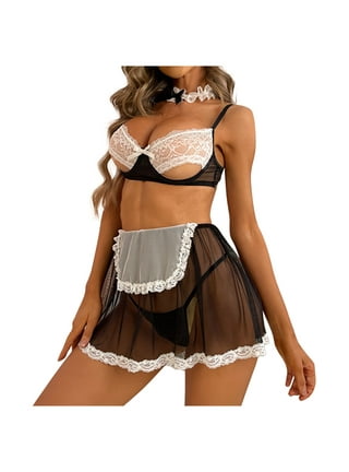 Musuos Ladies Sexy Lingerie Maid Outfit, Lace Splicing Backless Camisole +  Short Skirt + T-back Housemaid Cosplay Uniform Apron Dress
