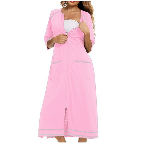WREESH Womens Long Nightgowns Cotton Pajamas Crewneck Sleepwear Zip-Up Pajamas Loungewear Pink