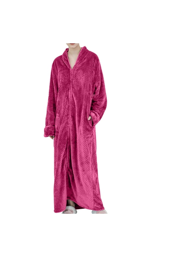 Womens Long Nightgowns Flannel Pajamas Bathrobe Zip-Up Pajamas Homestays Long-Sleeved Pajamas Hot Pink