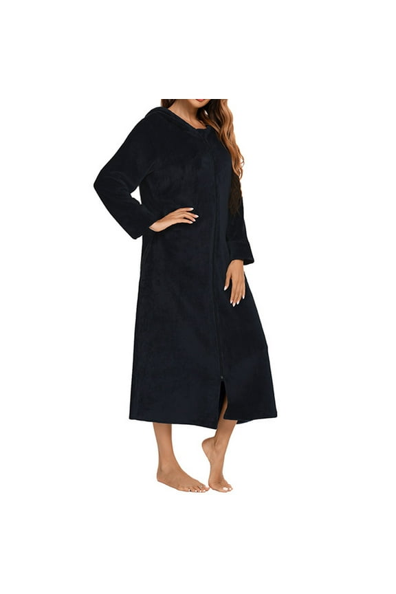 Womens Long Nightgowns Sleepwear Fashion Fall And Winter New Long Sleeve Zipper Pajamas Home Wear Black