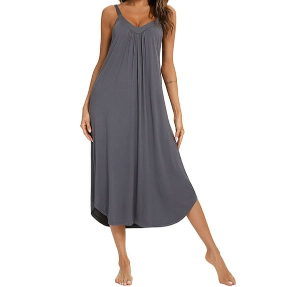 WREESH Womens Long Nightgowns Slip Dress Maxi Dress Summer Solid Color Suspender Pleats Comfortable Nightdress Home Clothes Dark Gray