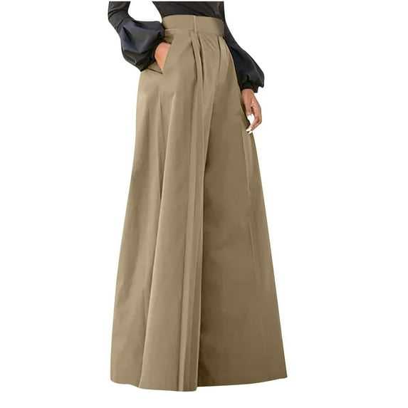WREESH Womens Long Palazzo Pants Solid Colo High Waist Wide Leg Pants Pocket Pants Fashion Pants Khaki