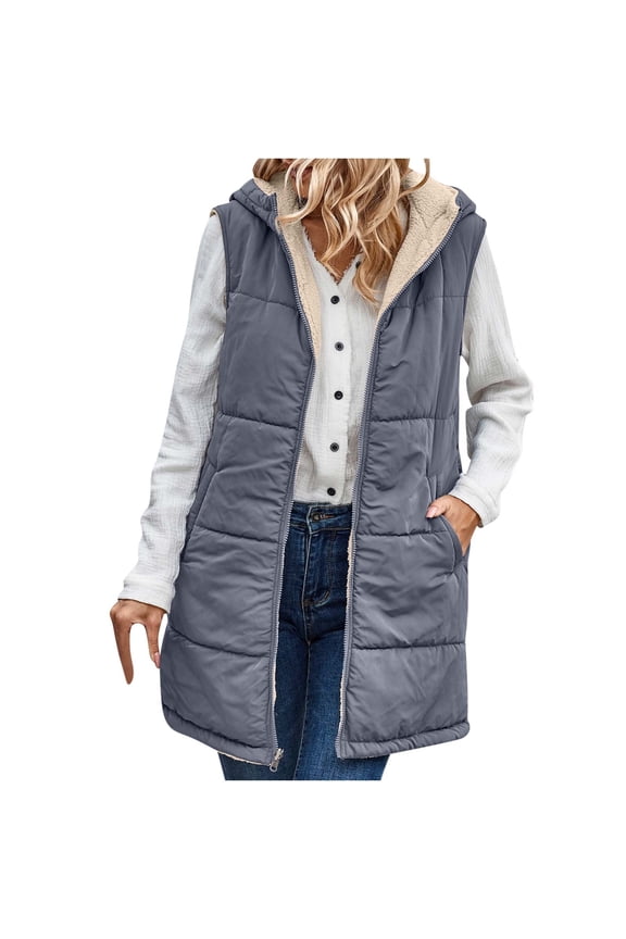 Womens Long Puffer Vest Fleece Liner Hooded Vest Full Zip Up Sleeveless Padded Gilet Jacket Outwear Winter Warm Oversized Vest Solid Color Lightweight Reversible Vest Dark Gray