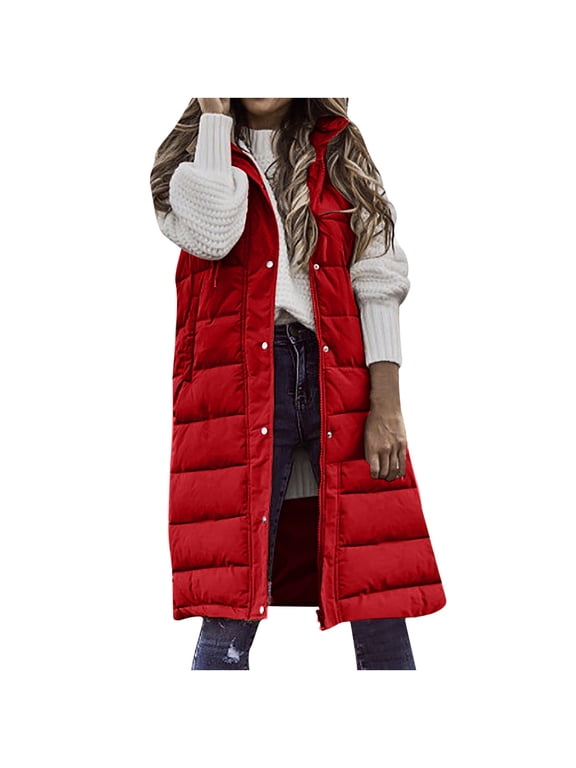 Womens Long Puffer Vest Sleeveless Hooded Puffy Jackets Winter Warm Padded Down Jacket Outerwear Vests Red