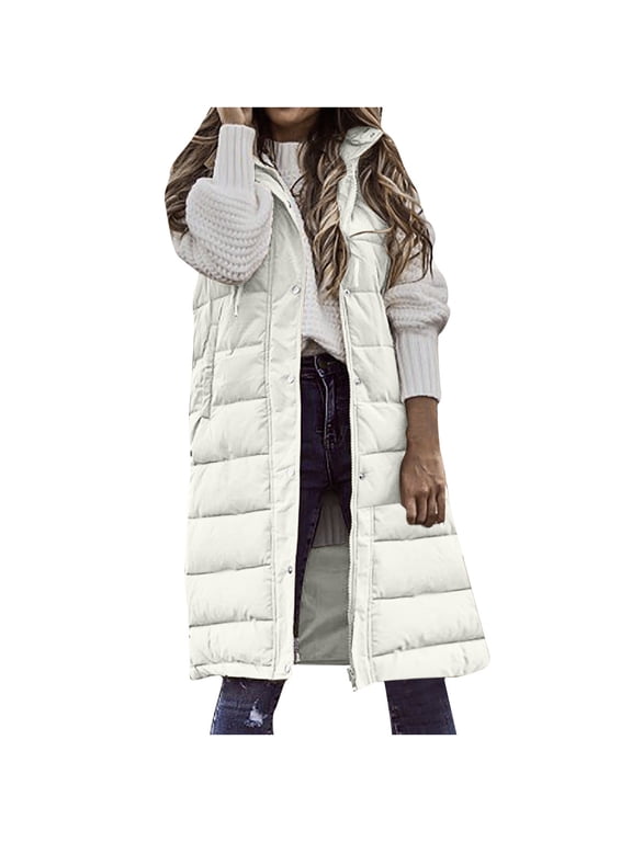 Womens Long Puffer Vest Sleeveless Hooded Puffy Jackets Winter Warm Padded Down Jacket Outerwear Vests White