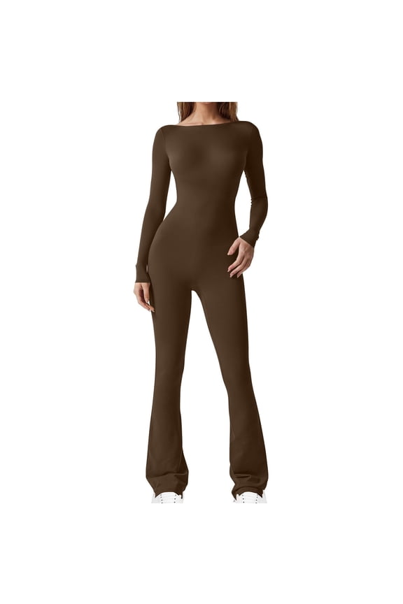 Womens Long Sleeve Jumpsuits Spring and Fall Tight Waistband One Pieces Jumpsuit Yoga Workout Clothes Brown